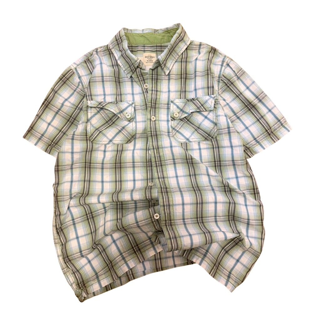 Old Navy Plaid Button Down‎ Shirt Boys XL Green Blue Short Sleeve Cotton Pocket